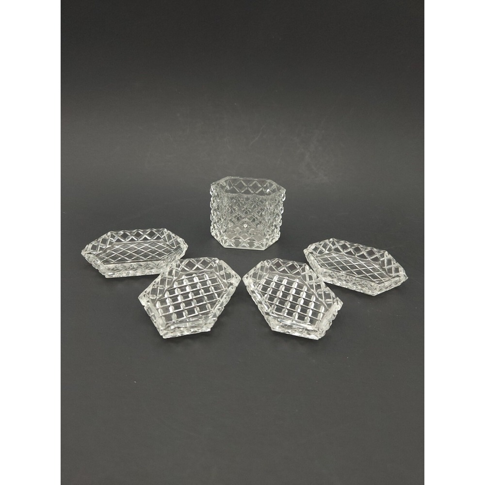 Vtg Set Of 4 Diamond Pattern Small Ashtrays Or Salt Cellars W/ Toothpick Holder